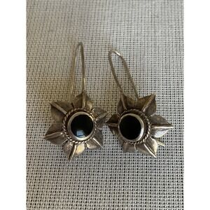 Vintage 925 Sterling Silver star shape dangle drop earrings black onyx stone